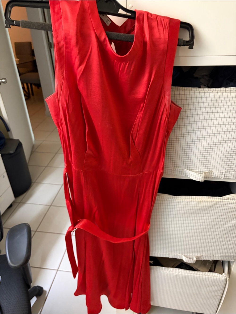 Mango Vibrant Red Sleeveless Midi Dress with Waist Tie